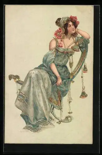 Künstler-AK Schönheit in prachtvollem Kleid in nachdenklicher Pose, Jugendstil