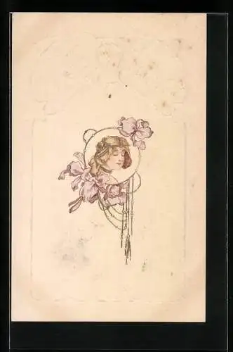 Präge-AK Schönes blondes Mädchen mit Kopfschmuck von Blumen gerahmt, Jugendstil-Ornamentik