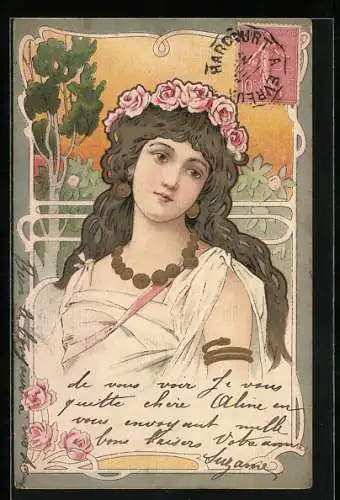 Künstler-AK Junge Dame in Tunica mit Rosen im Haar, Jugendstil