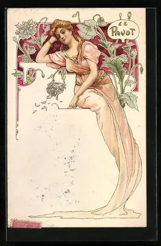 Lithographie Le Pavot, Schöne blonde Frau in fliessendem Gewand, Jugendstil