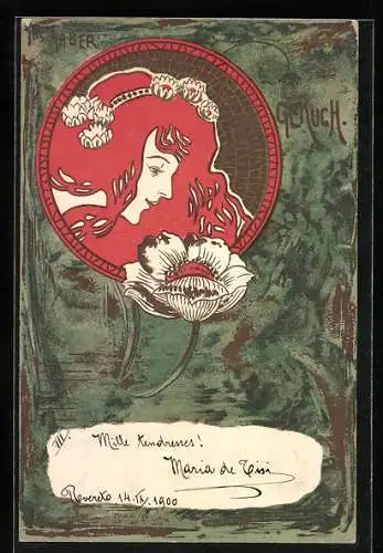 Künstler-AK sign.Jos. Gaber: Geruch, Mädchen mit schöner Blume, Jugendstil