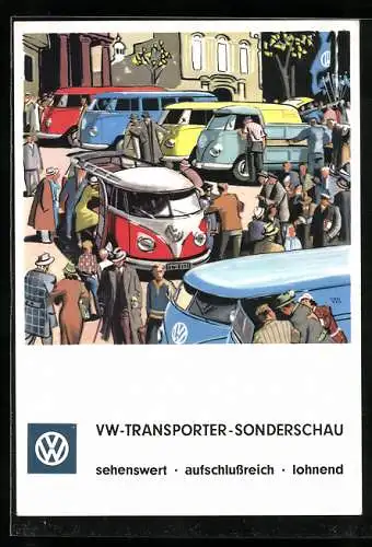 AK VW-Transporter-Sonderschau, verschiedene Versionen des VW-Bulli