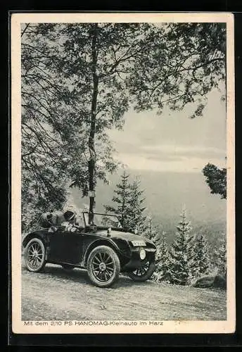 AK Mit dem 2 /10 PS Hanomag-Kleinauto im Harz, Auto-Reklame