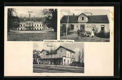 AK Mesic u Prahy, Bahnhof, Schloss, Gasthaus