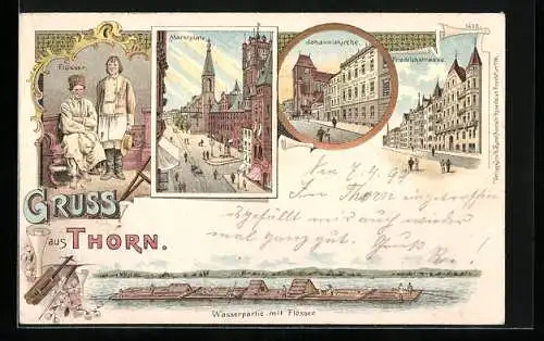 Lithographie Thorn, Flösser, Marktplatz, Johanniskirche, Friedrichstrasse