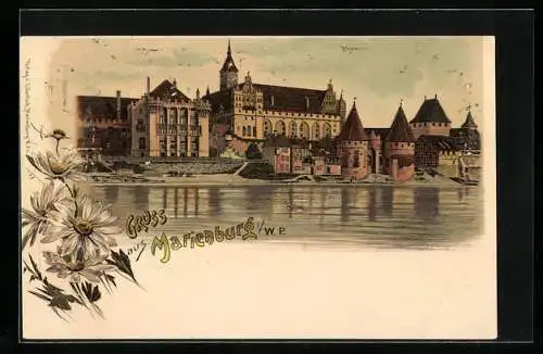 Lithographie Marienburg / Malbork, Westseite der Marienburg vom Fluss Nogat gesehen