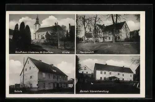 AK Lindenau /Grottkau, Benke`s Warenhandlung, Schule, Marienstift und Kirche