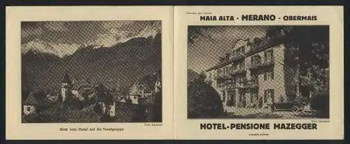 Werbebillet Merano, Obermais, Hotel-Pensione Mazegger, Blick vom Hotel auf die Texelgruppe