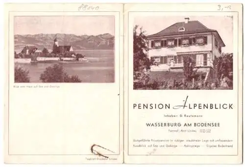 Werbebillet Wasserburg am Bodensee, Pension Alpenblick, Inh. G. Reutemann