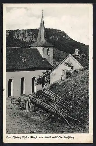 AK Gerolstein /Eifel, Kirche aus der Vogelschau mit Felsenblick