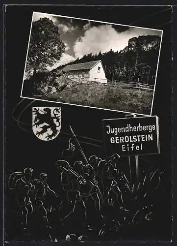 Passepartout-AK Gerolstein /Eifel, Jugendherberge, Wappen, Jugendgruppe auf Wanderschaft