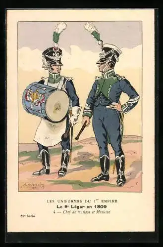 AK Les Uniformes du Ier Empire, Le 8e Leger en 1809, Chef de musique et Musicien