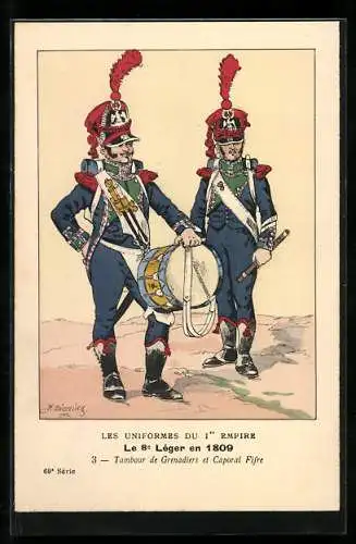 AK Les Uniformes du Ier Empire, Le 8e Leger en 1809, Tambour de Grenadiers et Caporal Fifre