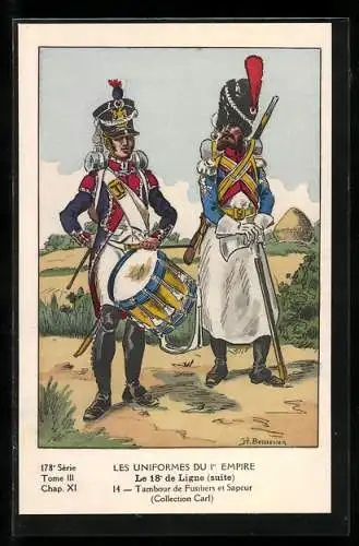 AK Les Uniformes du Ier Empire, Le 18e de Ligne, Tambour de Fusiliers et Sapeur