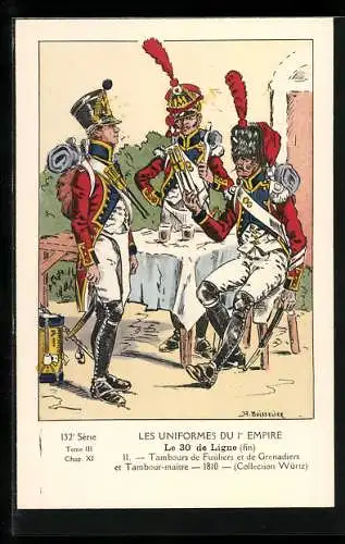 AK Les Uniformes du Ier Empire, Le 30e de Ligne, Tambours de Fusiliers et de Grenadiers et Tambour-maitre