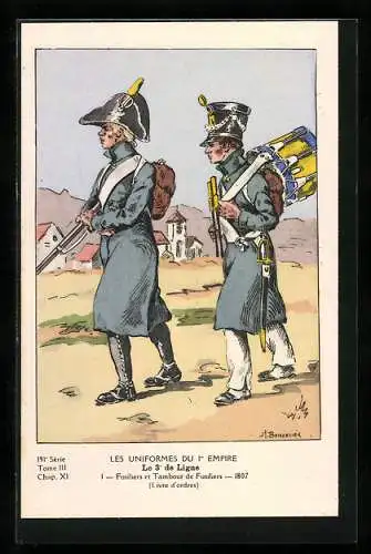 AK Les Uniformes du Ier Empire, Le 3e de Ligne, Fusiliers et Tambour de Fusiliers