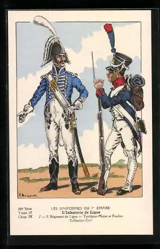 AK Les Uniformes du Ier Empire, L`Infanterie de Ligne, 5e Regiment de Ligne, Tambour-Major et Fusilier