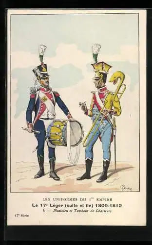 AK Les Uniformes du Ier Empire, Le 17e Leger, Musicien et Tambour de Chasseurs