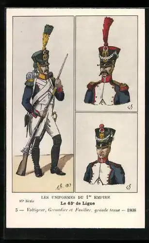 AK Les Uniformes du Ier Empire, Le 63e de Ligne, Voltigeur, Fusilier et Grenadier