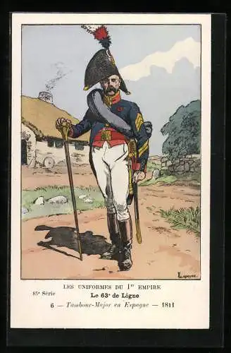 AK Les Uniformes du Ier Empire, Le 63e de Ligne, Tambour-Major en Espagne