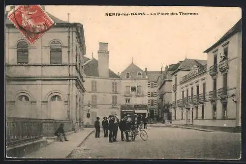 AK Néris-les-Bains, La Place des Thermes, Pharmacie, Garcon sur un vélo