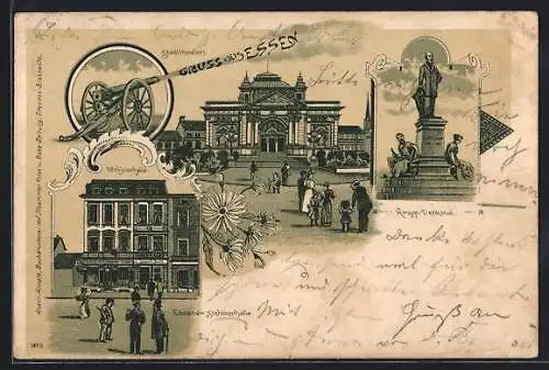 Lithographie Essen Ruhr, Gasthaus Stehbierhalle, Stadttheater, Krupp-Denkmal