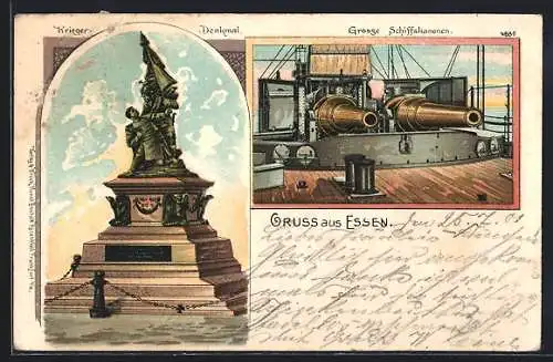 Lithographie Essen / Ruhr, Krieger-Denkmal, Grosse Schiffskanonen