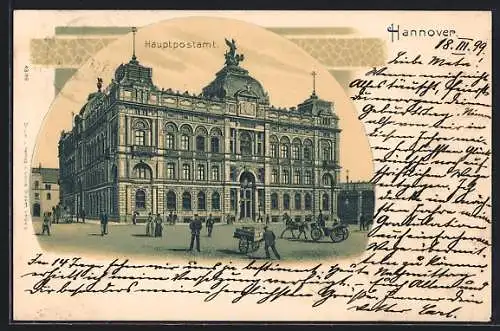 Lithographie Hannover, Passanten und Kutschen vor dem Hauptpostamt