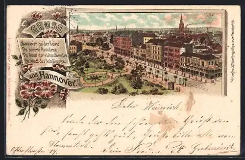 Lithographie Hannover, Ortsansicht mit Parkanlage und Strasse aus der Vogelschau, Blumen