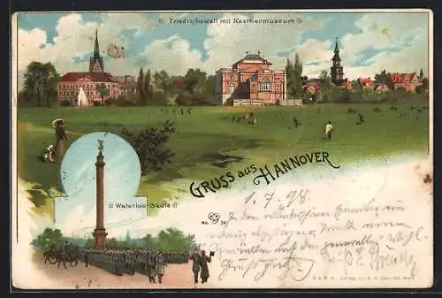 Lithographie Hannover, Friedrichswall mit Kestnermuseum, Waterloo-Säule