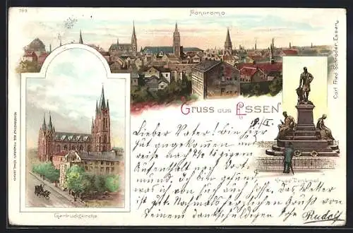 Lithographie Essen, Panorama, Krupp-Denkmal, Gertrudiskirche, Kutsche