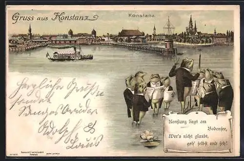 Lithographie Konstanz, Froschkonzert, Frösche beim Singen im Bodensee, Dampfer fährt in den Konstanzer Hafen ein um 1900