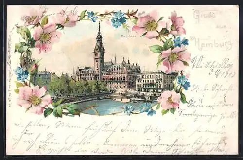 Lithographie Hamburg, Rathaus von Blumen gerahmt