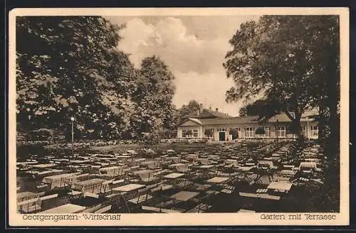 AK Hannover, Gasthaus Georgengarten, Garten mit Terrasse und Gebäude