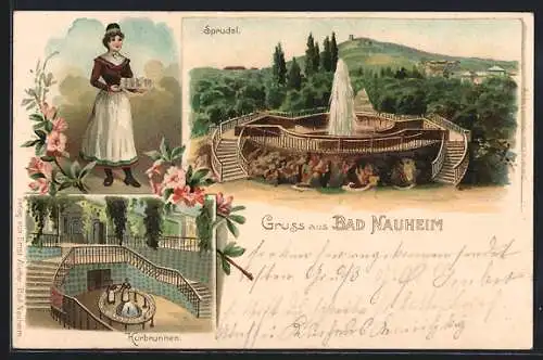 Lithographie Bad Nauheim, Kurbrunnen, Sprudel, Frau mit Tablett, Blumen