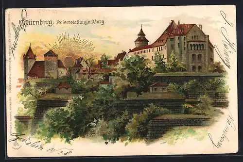 Sonnenschein-AK Nürnberg, Kaiserstallung und Burg mit goldener Sonne