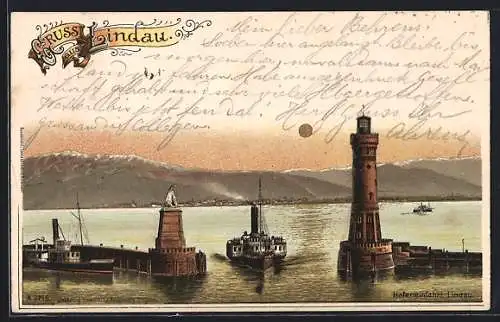 Lithographie Lindau i. B., Hafeneinfahrt mit Dampfern in leuchtendem Licht