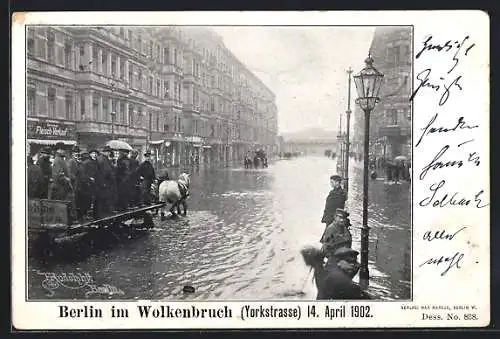 AK Berlin-Kreuzberg, Wolkenbruch in der Yorkstrasse, 14.04.1902, Pferdefuhrwerk