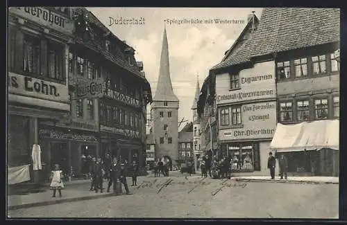 AK Duderstadt, Spiegelbrücke mit Westerturm und Geschäften Cohn und Oberthür