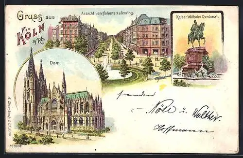 Lithographie Köln-Neustadt, Dom, Hohenstaufenring, Kaiser Wilhelm-Denkmal