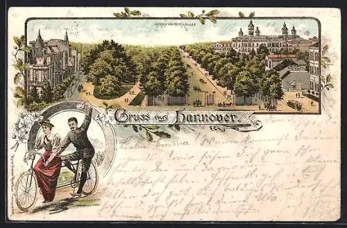 Lithographie Hannover, Herrnhäuser Allee, Paar auf einem Tandem