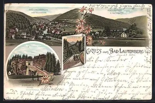 Lithographie Bad Lauterberg, Blick vom Eichenkopf, Kupferhütte, Grosser Knollen, Burghof d. Ruine Schwarzfels