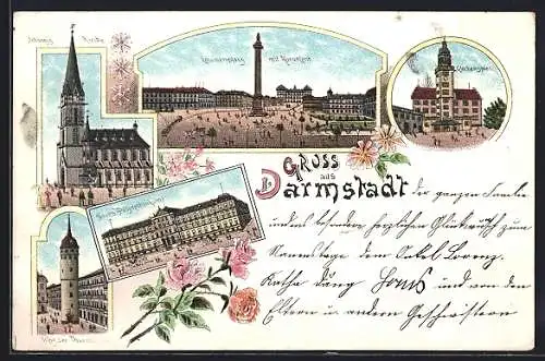 Lithographie Darmstadt, Louisenplatz mit Monument, Glockenspiel, Neues Polytechnikum