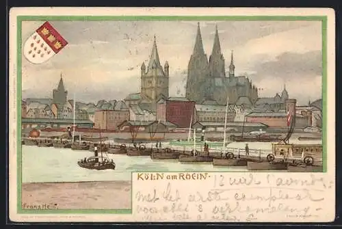 Künstler-AK Köln, Schiffsbrücke, Dampfer, Wappen