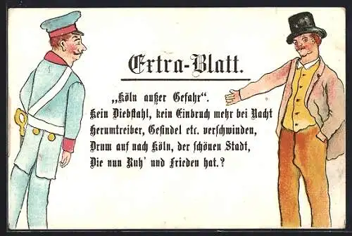 Lithographie Köln, Extrablatt: Köln ausser Gefahr, Polizist und Passant