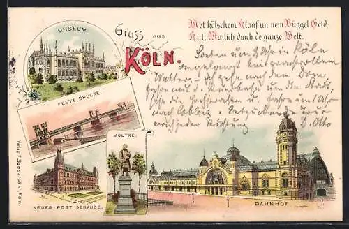 Lithographie Köln, Bahnhof, Feste Brücke, Museum, Moltke-Denkmal