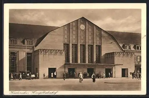 AK Karlsruhe, Hauptbahnhof mit Reisenden