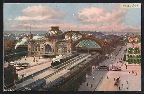 AK Dresden, Hauptbahnhof mit Eisenbahn