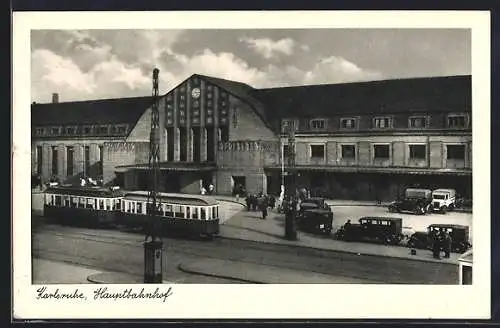 AK Karlsruhe, Strassenbahn vor dem Hauptbahnhof