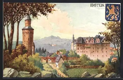 Künstler-AK Idstein, Ortsansicht mit der Burg, Wappen